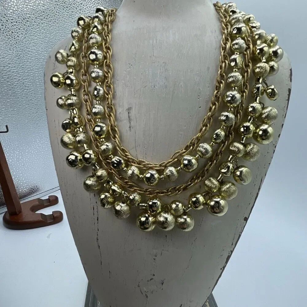 Vintage 4 strand choker two chain 2 beads with dangles necklace.